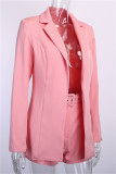 Pink Fashion Casual Solid With Belt Turn-back Collar Long Sleeve Two Pieces
