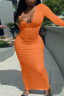 Orange Fashion Casual Solid Basic V Neck Long Sleeve Dresses