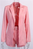 Pink Fashion Casual Solid With Belt Turn-back Collar Long Sleeve Two Pieces