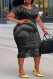 Black Fashion Casual Plus Size Striped Print Without Belt V Neck Short Sleeve Dress