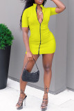 Yellow Fashion Casual Solid Basic Zipper Collar Short Sleeve Dress