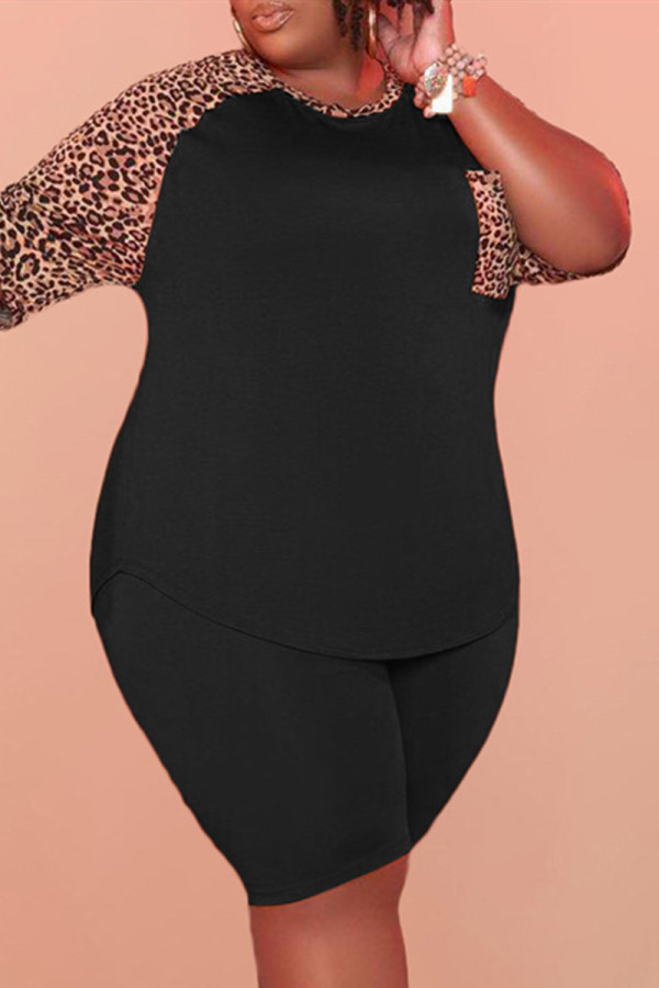 Black Fashion Casual Print Leopard Patchwork O Neck Plus Size Two Pieces