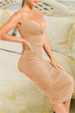 Brown Fashion Sexy Solid Backless Fold V Neck Sling Dress