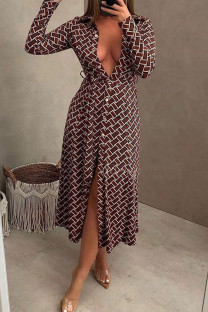 Brown Red Casual Print Bandage Split Joint Buckle Turndown Collar Straight Dresses