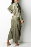 Khaki Fashion Casual Solid Bandage Turndown Collar Long Sleeve Dresses