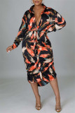 Orange Fashion Casual Print Basic Turndown Collar Shirt Dress