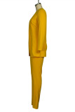 Yellow Fashion Casual Solid Cardigan Pants Turndown Collar Long Sleeve Two Pieces