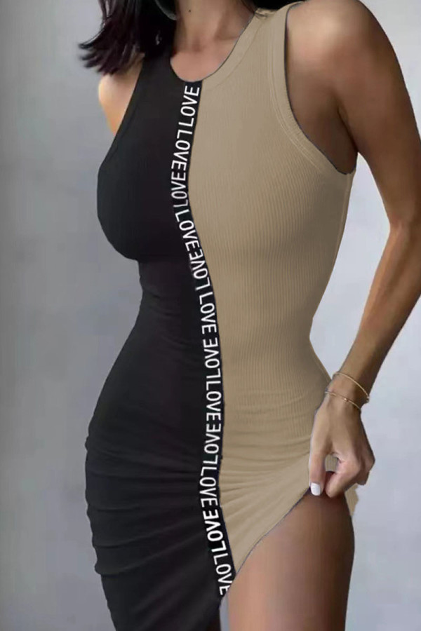 Khaki Sexy Street Letter Print Patchwork O Neck Pencil Skirt Dresses