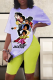 Purple Casual Print Patchwork O Neck Short Sleeve Two Pieces