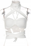 White Sexy Solid Bandage Hollowed Out Patchwork Backless Asymmetrical Halter Tops