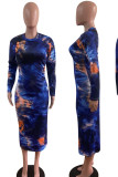 Lake Blue Elegant Print Tie Dye Patchwork O Neck Long Sleeve Dresses