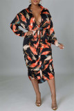 Orange Fashion Casual Print Basic Turndown Collar Shirt Dress