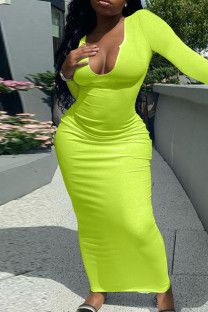 Green Yellow Fashion Casual Solid Basic V Neck Long Sleeve Dresses