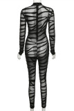 Black Fashion Sexy Patchwork Hollowed Out See-through O Neck Skinny Jumpsuits