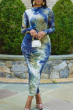 Lake Blue Elegant Print Tie Dye Patchwork O Neck Long Sleeve Dresses