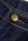 Deep Blue Casual Solid Bandage Patchwork Plus Size Jeans