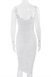 White Fashion Sexy Solid Backless Fold V Neck Sling Dress
