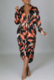 Orange Fashion Casual Print Basic Turndown Collar Shirt Dress