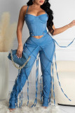 Blue Fashion Casual Solid Bandage Mid Waist Regular Jeans