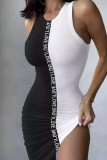 Grey Sexy Street Letter Print Patchwork O Neck Pencil Skirt Dresses