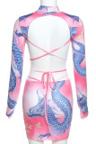 Pink Fashion Sexy Print Backless Cross Straps Turtleneck Long Sleeve Two Pieces