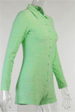 Green Fashion Casual Solid Basic Turndown Collar Long Sleeves Skinny Romper