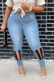 Medium Blue Casual Solid Ripped Plus Size Jeans
