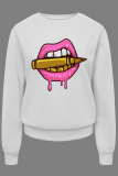 White Fashion Street Lips Printed Patchwork O Neck Tops