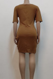 Brown Casual Solid Split Joint Asymmetrical O Neck One Step Skirt Dresses