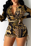 Yellow Casual Print Patchwork Turndown Collar Skinny Jumpsuits