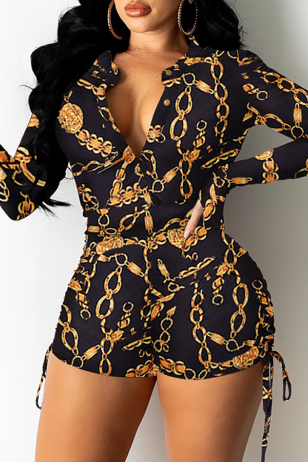 Yellow Black Casual Print Patchwork Turndown Collar Skinny Jumpsuits