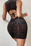Khaki Sexy Print Patchwork See-through Backless O Neck Pencil Skirt Dresses