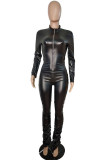 Black Sexy Solid Fold Zipper O Neck Straight Jumpsuits