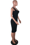 Black Fashion Sexy Solid Asymmetrical Slip Asymmetrical Dresses