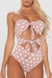 Pink Sexy Print Polka Dot Patchwork Knotted Swimwears