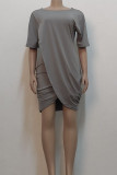 Grey Casual Solid Split Joint Asymmetrical O Neck One Step Skirt Dresses