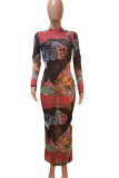 Red Sexy Print Patchwork O Neck Pencil Skirt Dresses