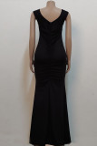 Black Sexy Elegant Solid Split Joint Slit Fold V Neck Straight Dresses