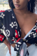 Black Sexy Print Cross Straps V Neck Tops