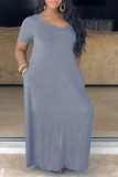 Grey Fashion Casual Plus Size Solid Basic V Neck Short Sleeve Dress