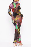 Red Sexy Print Patchwork O Neck Pencil Skirt Dresses
