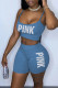 Light Blue Sexy Print Patchwork Spaghetti Strap Sleeveless Two Pieces