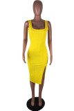Yellow Fashion Sexy Solid Asymmetrical Slip Asymmetrical Dresses