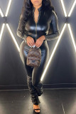 Black Sexy Solid Fold Zipper O Neck Straight Jumpsuits