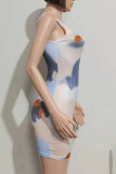 Light Blue Casual Print Split Joint O Neck Pencil Skirt Dresses