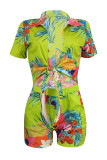 Red Fashion Casual Print Hollowed Out Turndown Collar Regula Romper