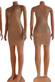 Khaki Sexy Solid Patchwork See-through Oblique Collar Dresses