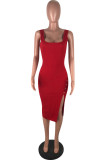 Red Fashion Sexy Solid Asymmetrical Slip Asymmetrical Dresses