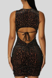 Black Sexy Print Patchwork See-through Backless O Neck Pencil Skirt Dresses