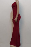 Burgundy Sexy Elegant Solid Split Joint Slit Fold V Neck Straight Dresses